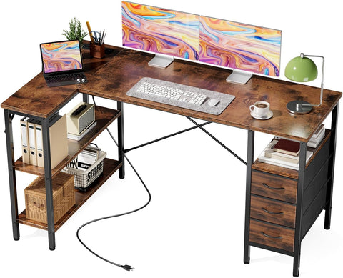 L Shaped Gaming Desk with Power Outlets, 55 Inch Computer Desk with 3 Drawers, Shelves