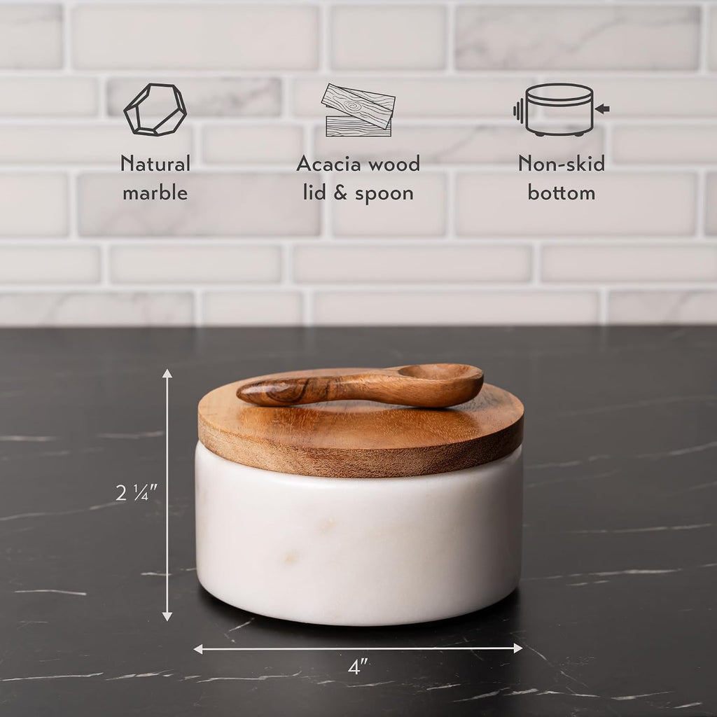 Marble Salt Cellar with Acacia Wood Lid and Spoon, White