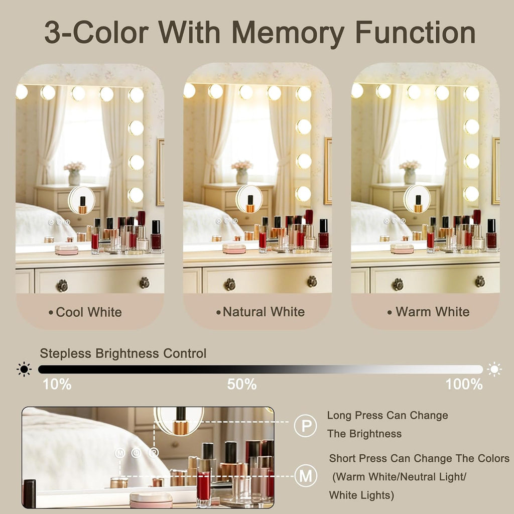 Hollywood Vanity Mirror with Lights, 23" x 18", 15 Dimmable Bulbs, 3 Color Lights, Make Up Lighted Mirror, USB