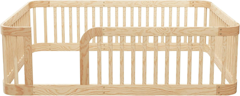 Full Size Montessori Floor Bed with 24" High Fence & Rounded Corners Design, Sturdy Wood Montessori Bed Frame, No