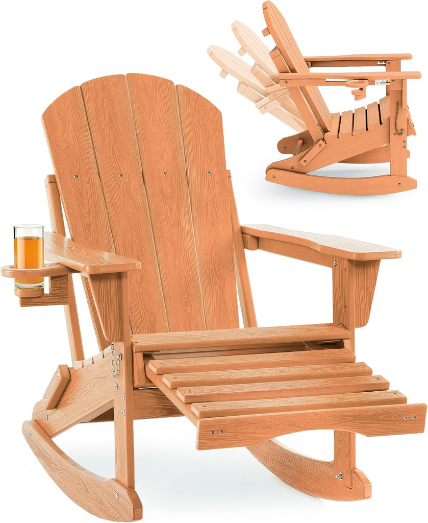 Adjustable Adirondack Rocking Chair with Retractable Ottoman, 4-in-1 Multifunctional Folding Patio Chair with Cup