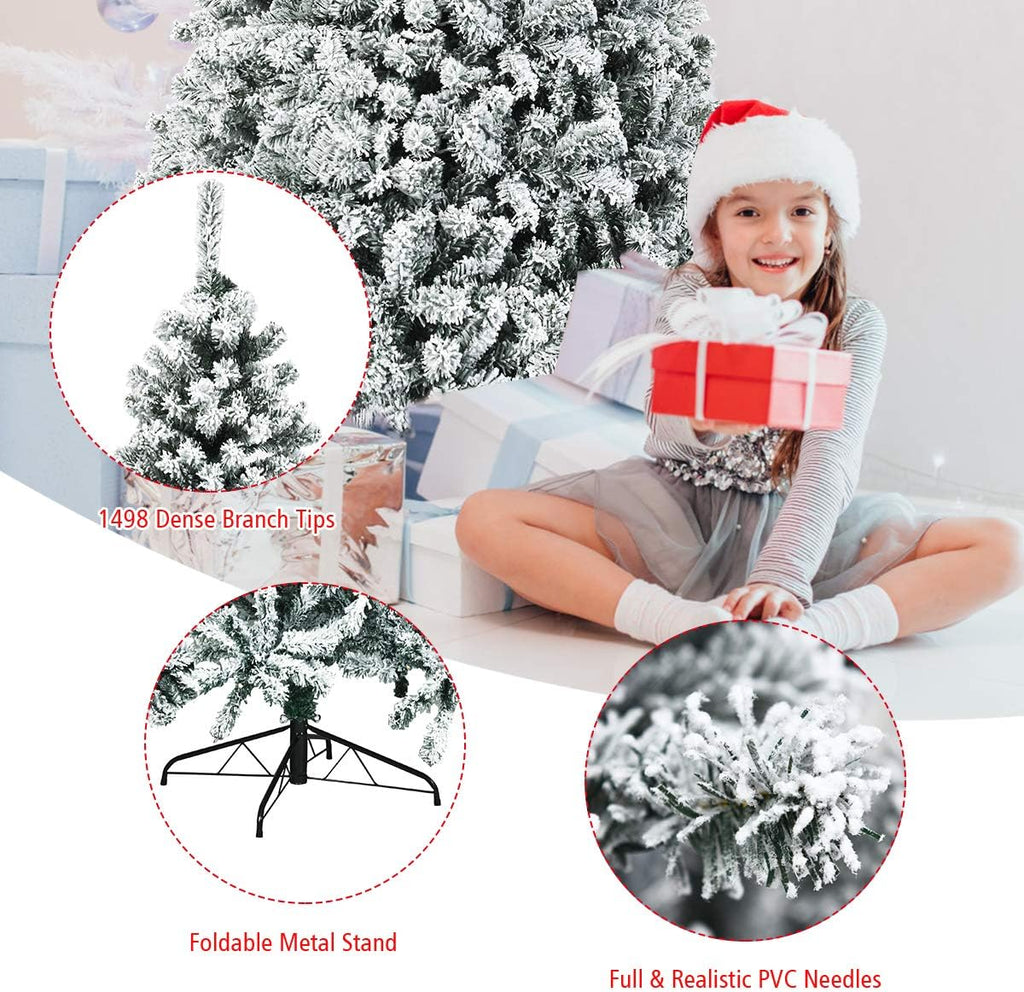 Pre-Lit Christmas Tree, Snow Flocked Hinged Xmas Tree