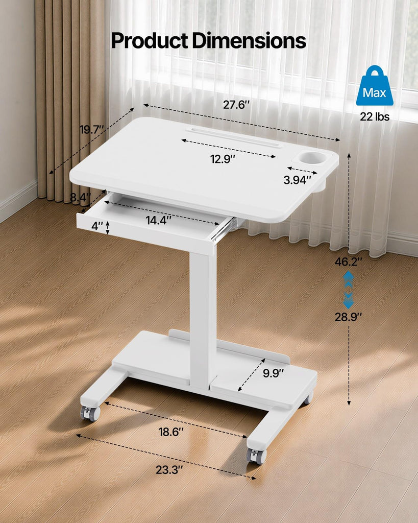 28" Mobile Standing Desk with Drawer and Charging Station