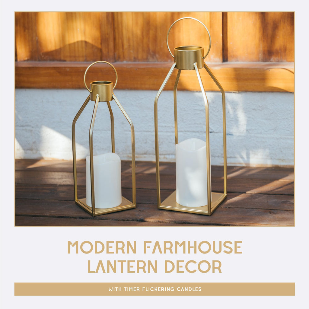 Modern Farmhouse Lantern Decor- Gold Metal Candle Lanterns for Christmas- Lanterns Decorative w/Timer Flickering
