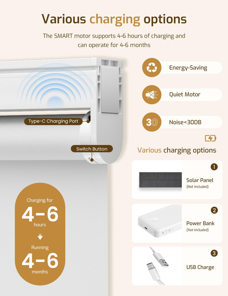 No-Drill No Tools Motorized Blinds with Remote | 69Wx48H White