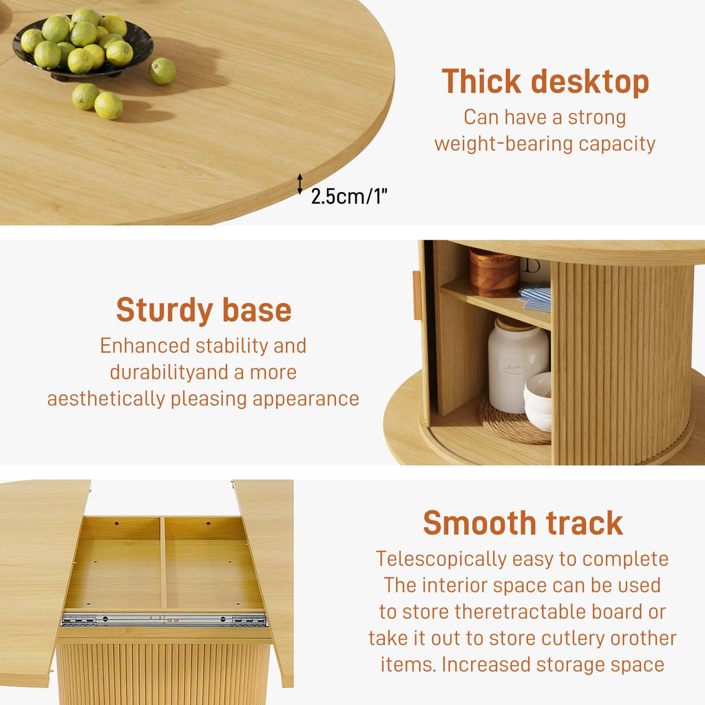 47-63in Extendable Round Dining Table for 4-8, Modern Kitchen Oval Dining Table with 2-Layer Storage Shelf, Wood