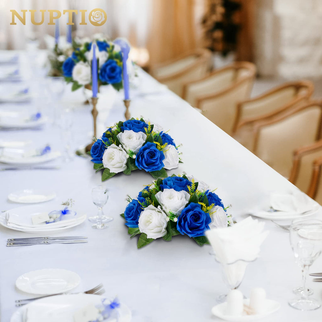 Flower Ball Arrangement Bouquet - 10 Pcs 9.5 inch Diameter Royal Blue Fake Flowers Roses Balls for Centerpieces