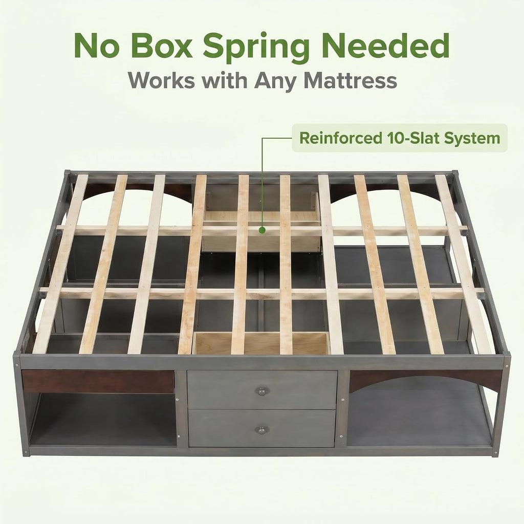 22" H Japanese Wooden Bed Frame with 6-Storage Drawers