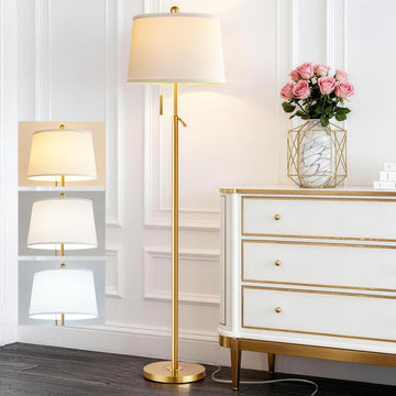 Gold Floor Lamp, Modern Standing Lamp 55-67" Height Adjustable Brass Tall Floor Lamp with Pull Chain Switch and 3