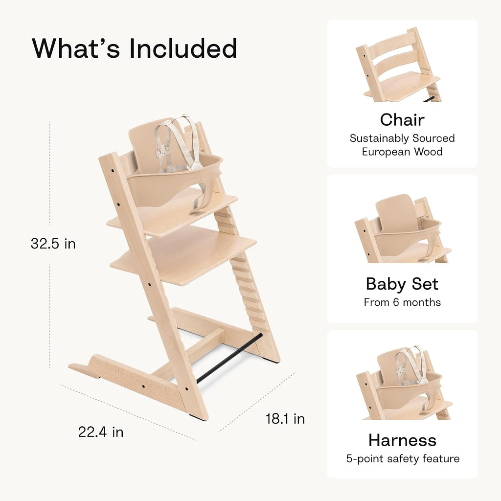Tripp Trapp High Chair + Baby Set + Harness, Serene Pink | Includes Chair, Baby Set, Removable Harness for Children