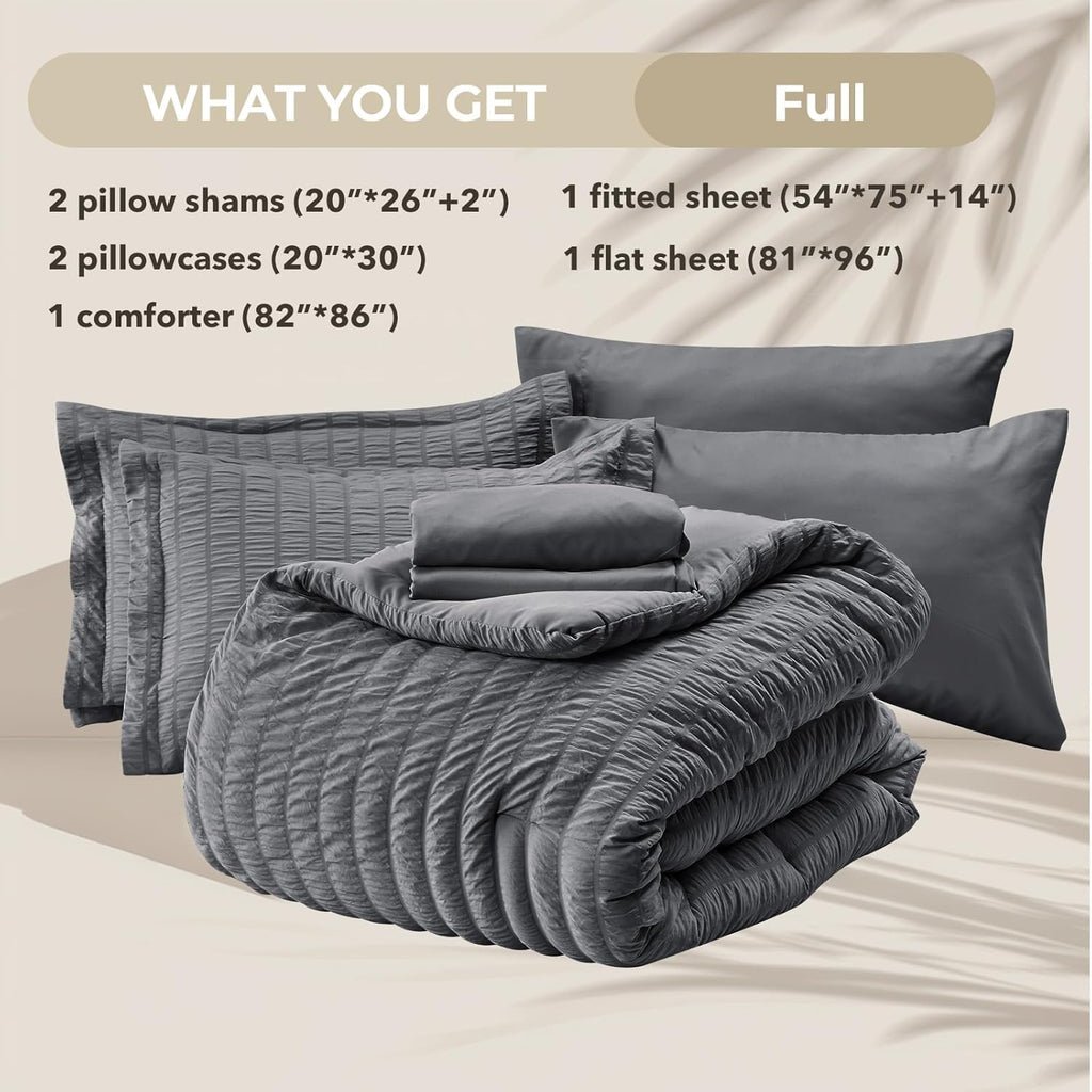 Full Comforter Sets Seersucker 7 Pieces, All Season Luxury Bed in a Bag, Bedding Set with Comforters, Sheets
