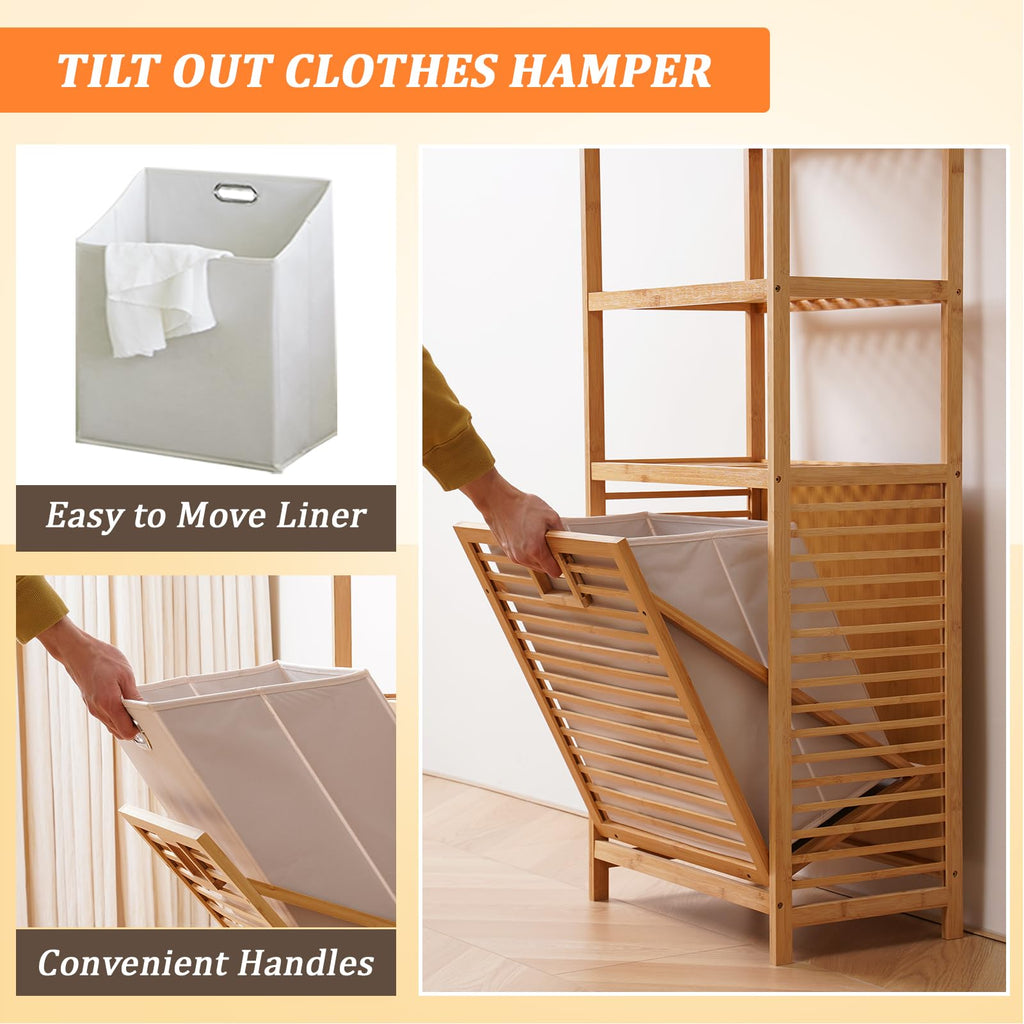 Tilt Out Laundry Hamper with 3 Tier - Bamboo Laundry Basket, Natural