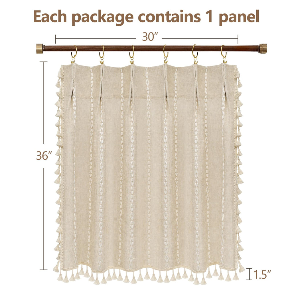 Beige Boho Farmhouse Window Curtain with Tassels, 30 x 36 Inch Light Filtering Sheer Short Cafe Window Curtain Tier