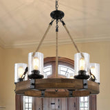 Rustic 6 Light Wagon Wheel Chandelier, Round Wood Pendant Light with Seeded Glass Shade, Farmhouse Chandeliers for Dining Room Kitchen Island Foyer Entryway A105-B0BMLBWN39