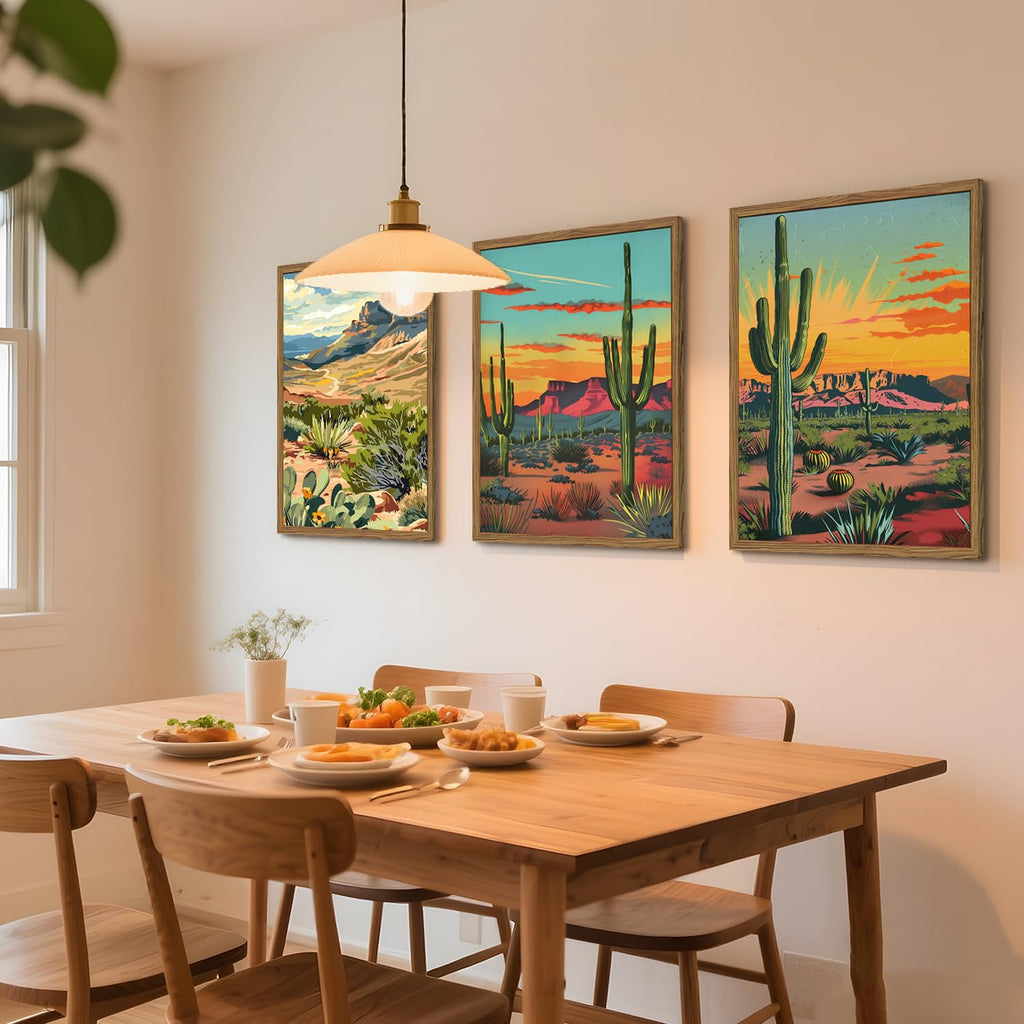 Framed Desert Landscape Wall Art Set of 3, Vintage Mexican Cactus Wall Decor Paintings, Boho Southwestern Mountain