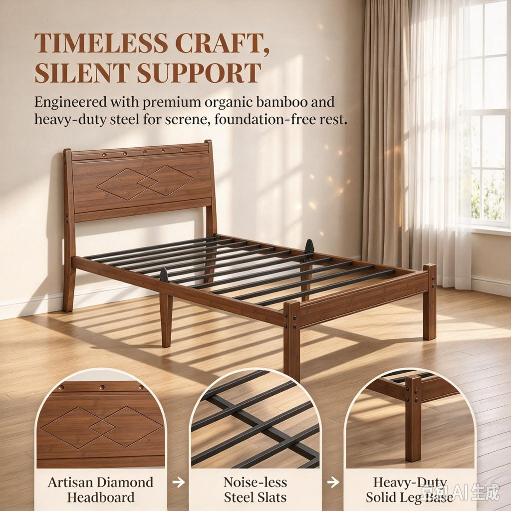 Twin Solid Bamboo Wood 14" Bed Frame with Headboard, Brown