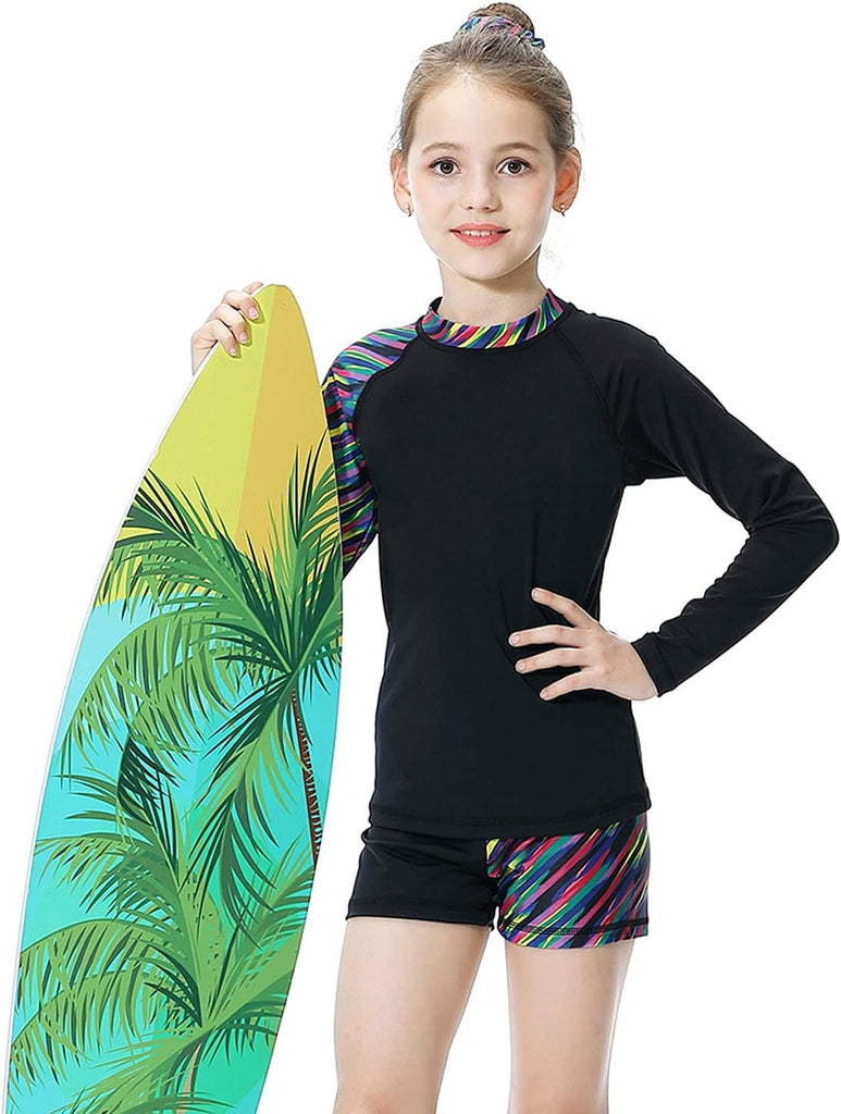 Girls Rash Guard Piece Swimsuit Set - Long Sleeve Swimwear with UPF 50+ Sun Protection