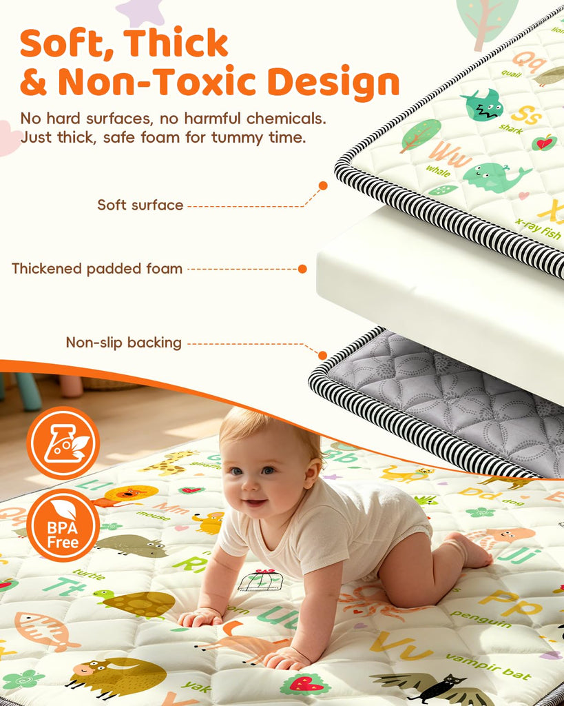 Play Mat for Floor 65"x50", Foldable Playpen Mat for Tummy Time, Thick Non‐Slip Crawling Mat with Carrying Handle