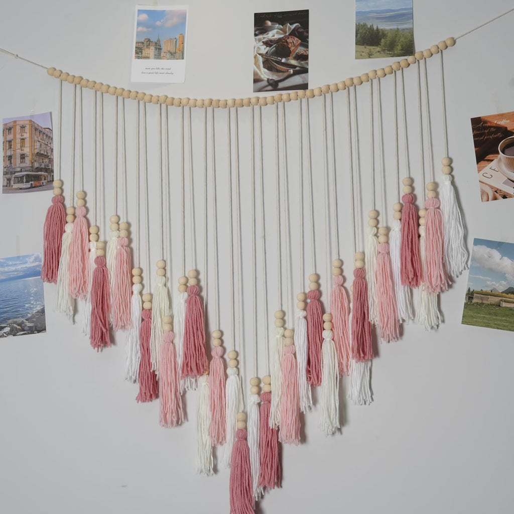 Pink&White Large Macrame Wall Haning Boho Decor, Blush Pink Tassel Wall Decor Bohemian, Pink Bedroom Living Room Girls