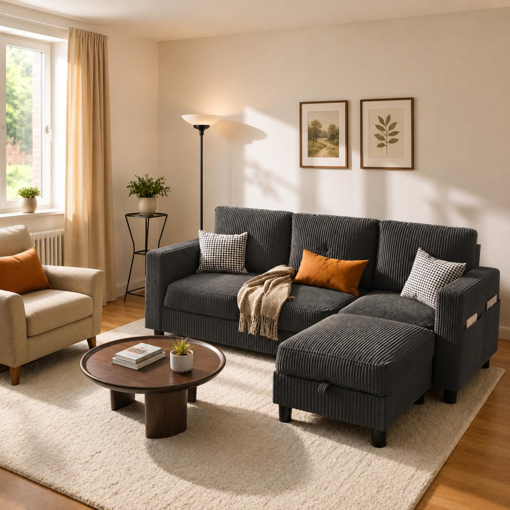 77" L-Shaped Corduroy Sectional Sofa with Storage Ottoman, Grey