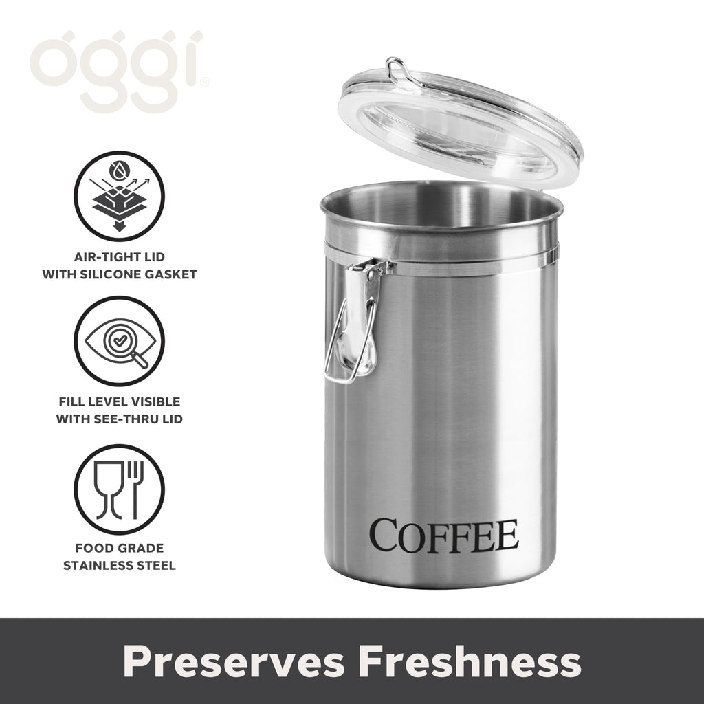 Stainless Steel Coffee Canister 62 fl oz - Airtight Clamp Lid, Clear See-Thru Top - Ideal for Coffee Bean Storage