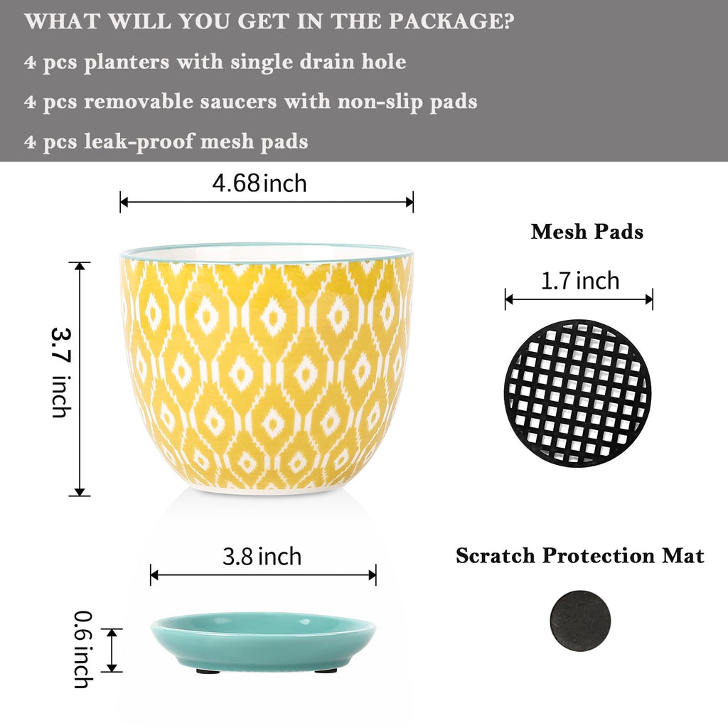 Ceramic Plant Pots, 4.6 Inch Flower Pots for Indoor Plants, Succulent Pots with Drainage Hole & Saucer, Succulent