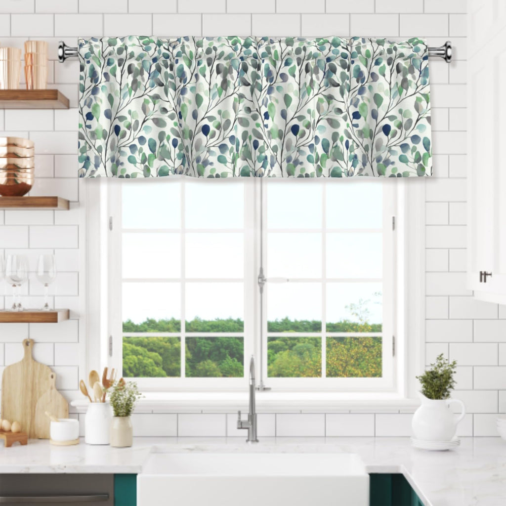 Spring Leaves Valances for Windows, Boho Kitchen Curtains Valances, Farmhouse Grey Green Branch Window Treatments