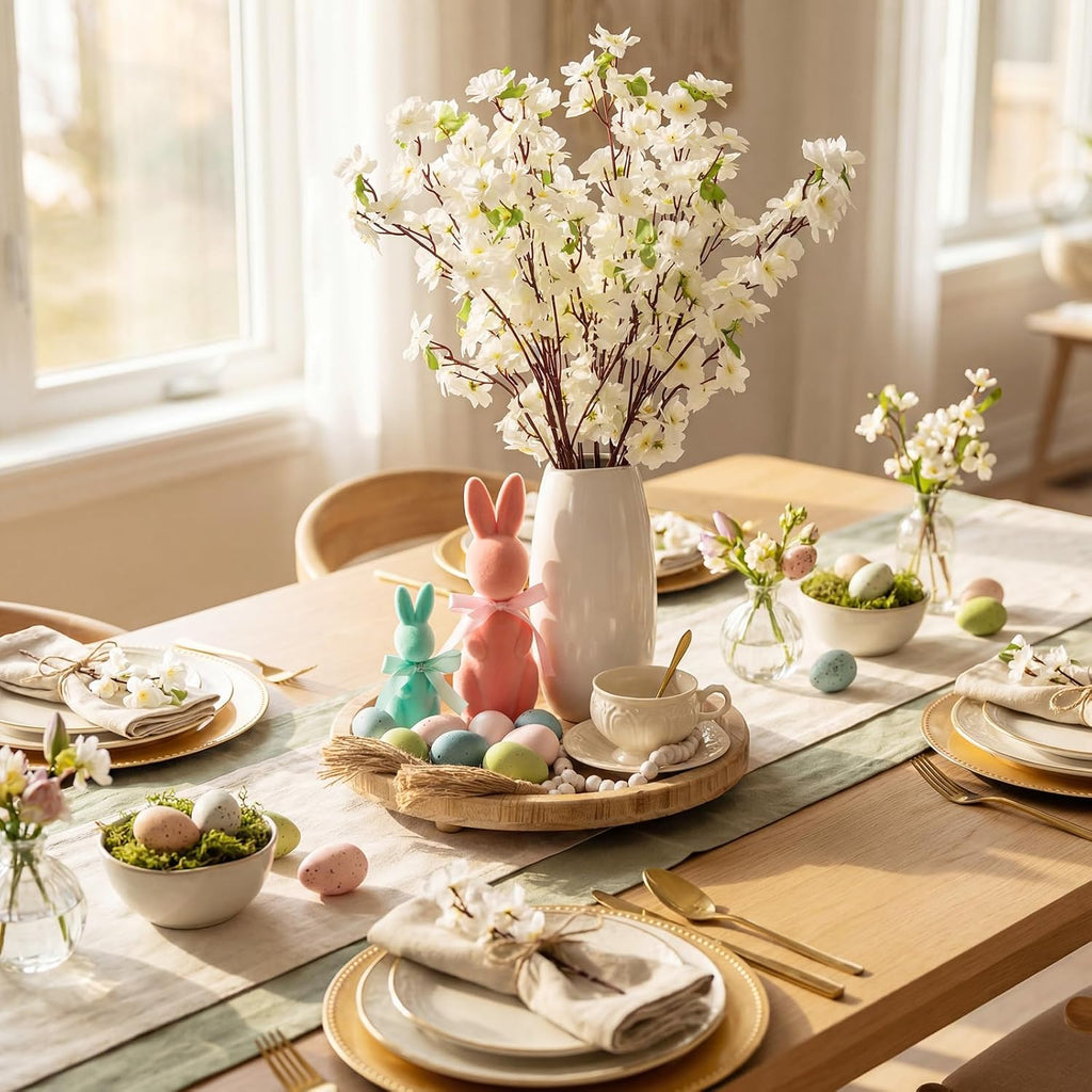 Easter Table Centerpiece Spring Tray Decoration Includes 2 Flocked Bunnies, 16 Pastel Speckled Eggs, 10 Peach - Set of 29
