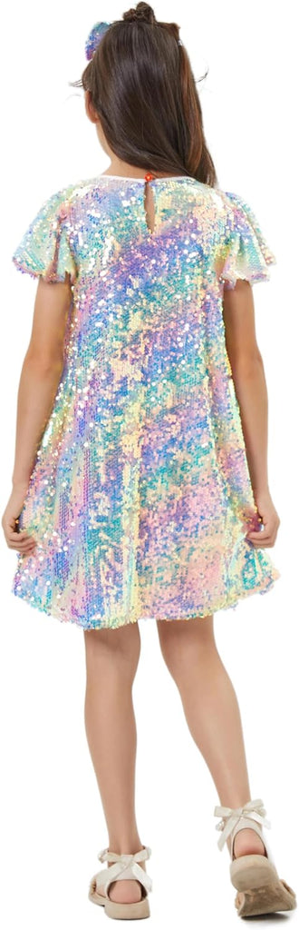 Sequin Dress Shiny Short Flutter Sleeve Midi Sparkly Party Dress with Hairbow