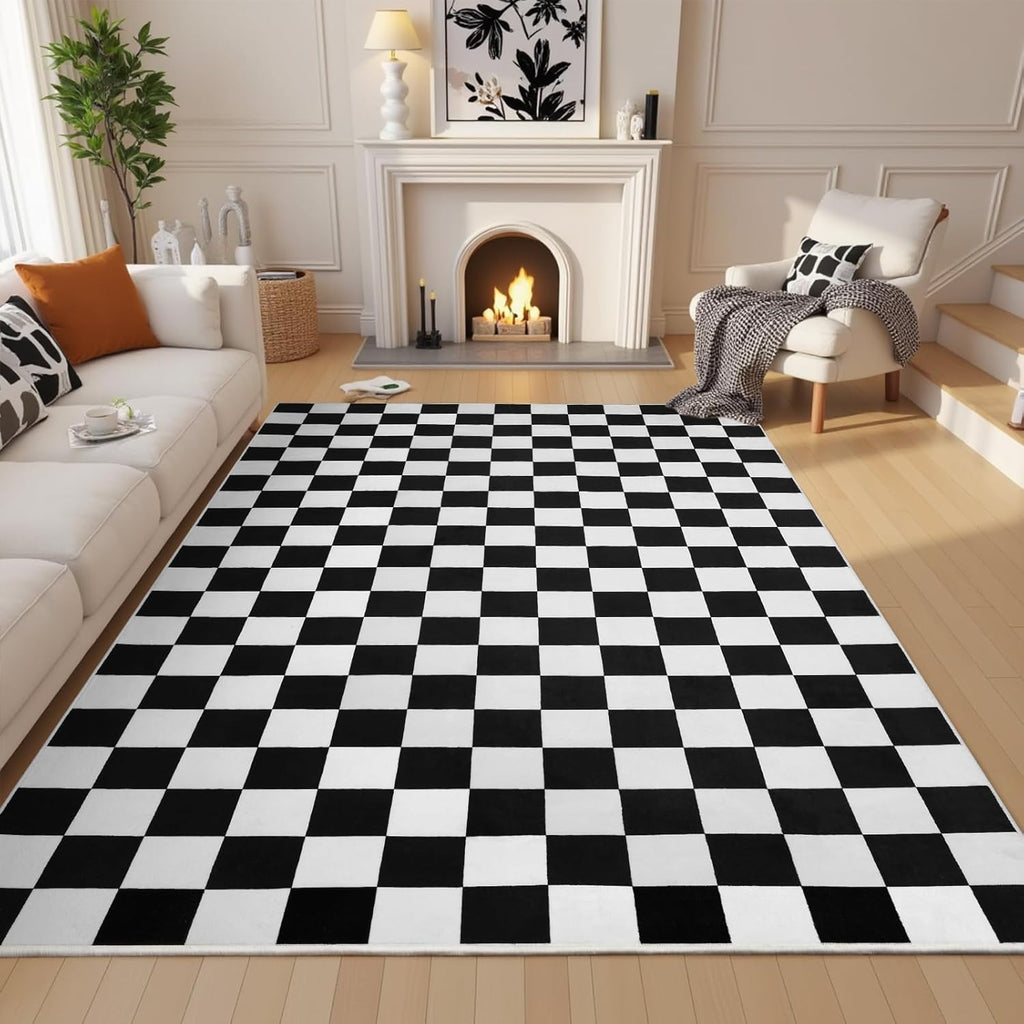 Black and White Checkered Rug for Living Room,5x7 Area Rugs Washable with Non Slip for Bedroom,Soft Low Pile Stain