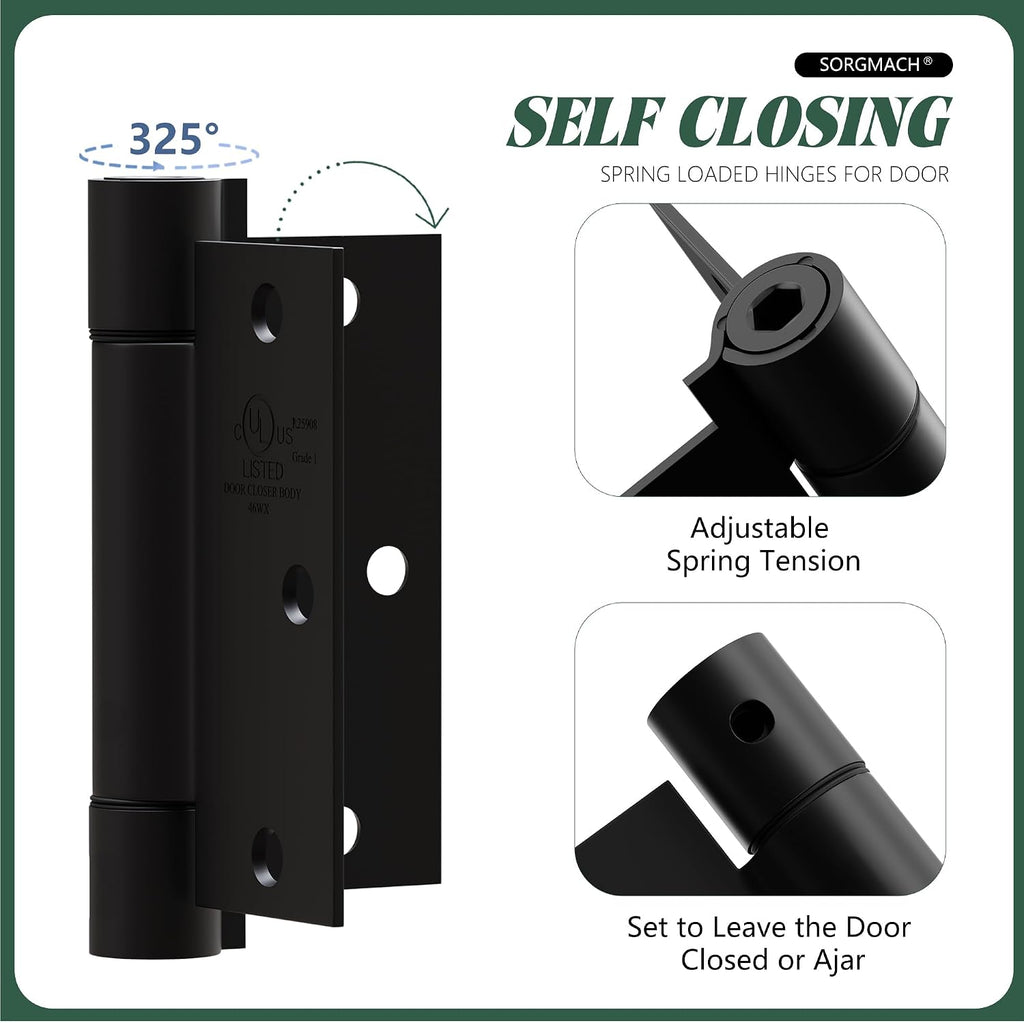 3 Pack Self Closing Door Hinges 3.5 inch Matte Black Spring Loaded Auto Close Hinges Square Corners Adjustable