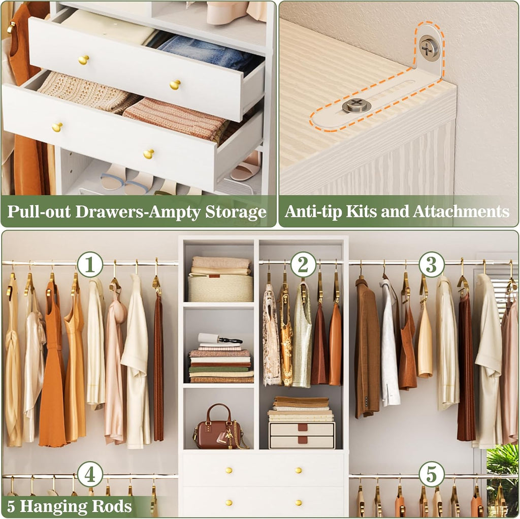 Closet System, 4.2-8.8 FT Closet Organizer with 2 Wooden Drawers and Shelves, Walk-in Closet System with 5 Hang Rods