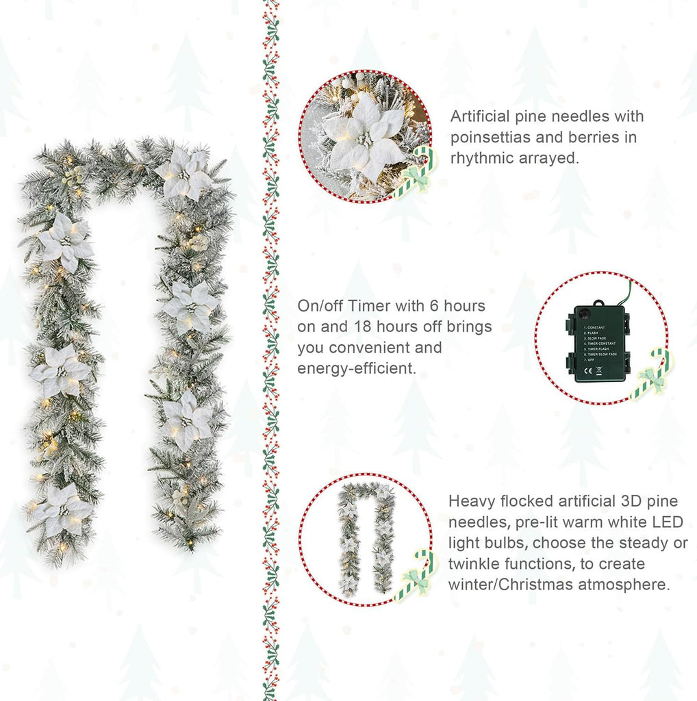 For Mantle, Pre-Lit Snow Flocked Greenery Garland Poinsettia Pine Garland with 50 Warm White Lights and Timer