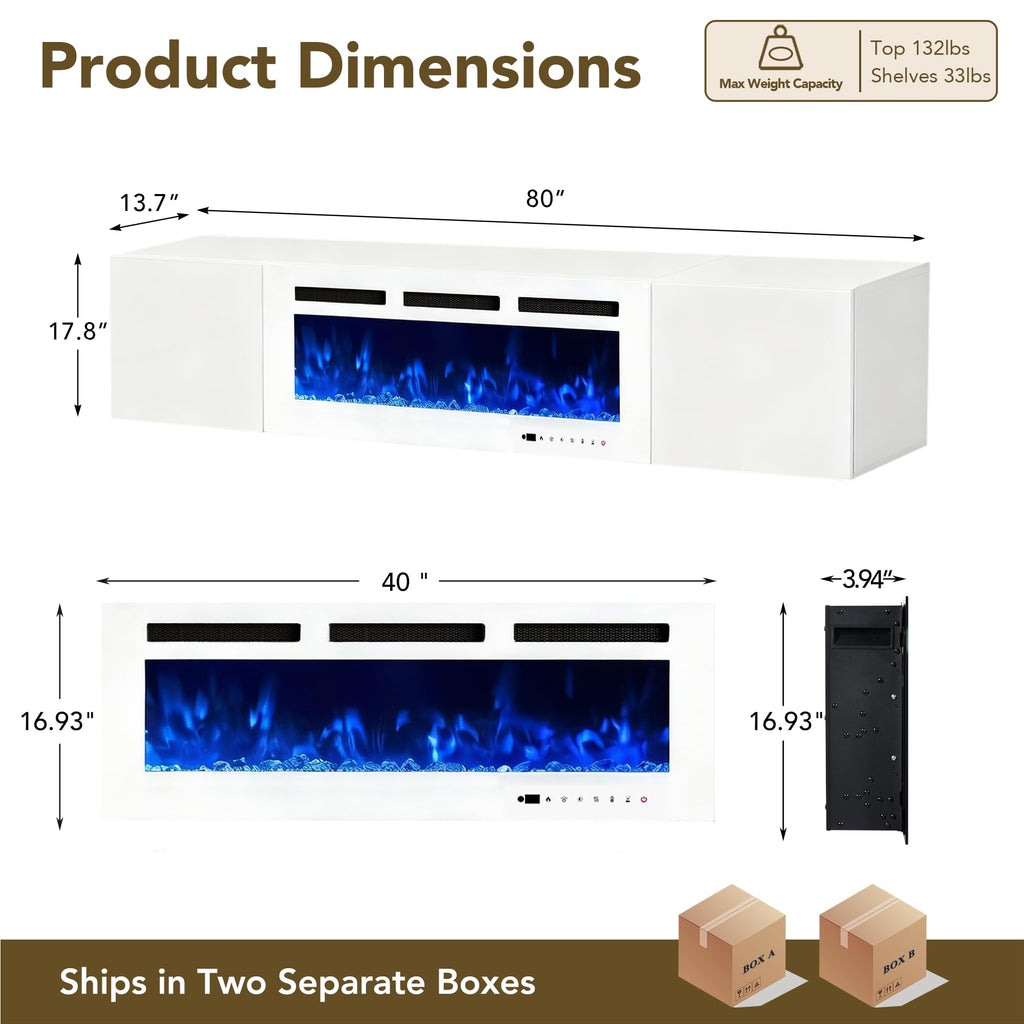 80" Floating TV Stand, Wall-Mounted Entertainment Center with 40" Electric Fireplace, Fits TVs Up to 90 Inches, Media