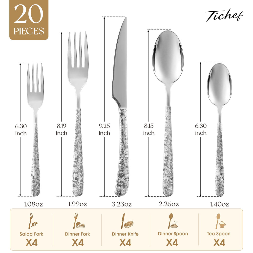 Titanium Silverware Set for 4, 20 Pcs Hammered Silverware Set, Dishwasher Safe, Heavy Duty Forks Spoons Tableware