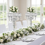 Silver Candelabra Centerpieces for Tables - 5 Arm Crystal Pendant Candle Holders, Elegant Metal Table Centerpieces