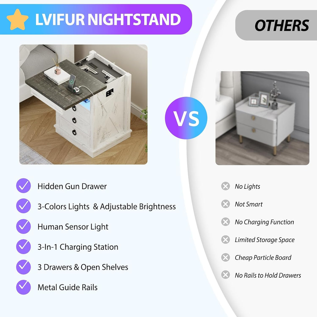 Farmhouse Nightstand with Gun Drawer Set of 2, Human Sensor LED Bedside Table with LED Lights & Charging Station