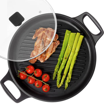 Cast Aluminum Griddle Pan for Stovetop with Lid - Lighter than Cast Iron Skillet, Round Frying Pans Nonstick Grill Pan