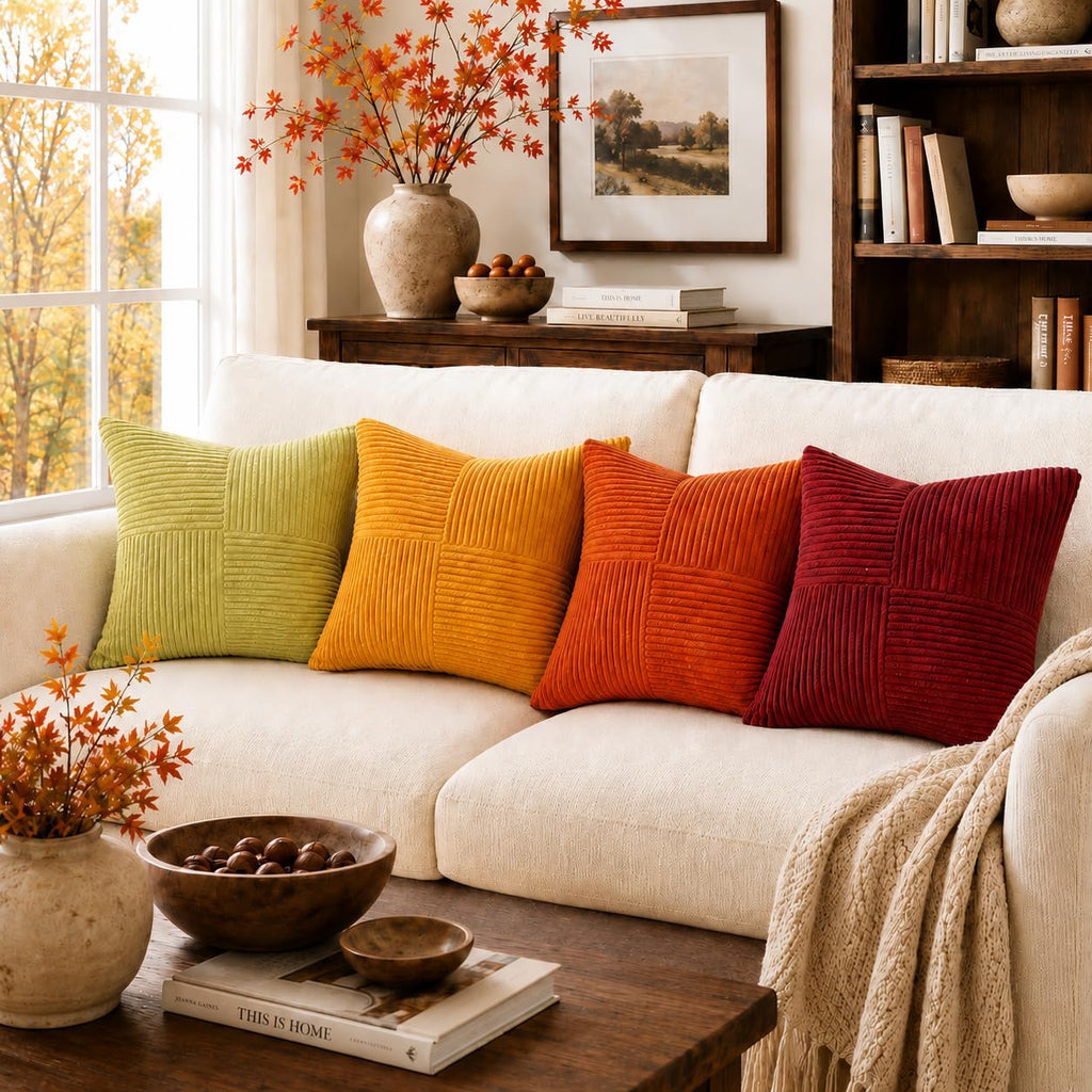 Fall Burnt Orange Decorative Throw Pillows Covers 18x18, Soft Corduroy Square Throw Pillow Covers Set of 4, Western