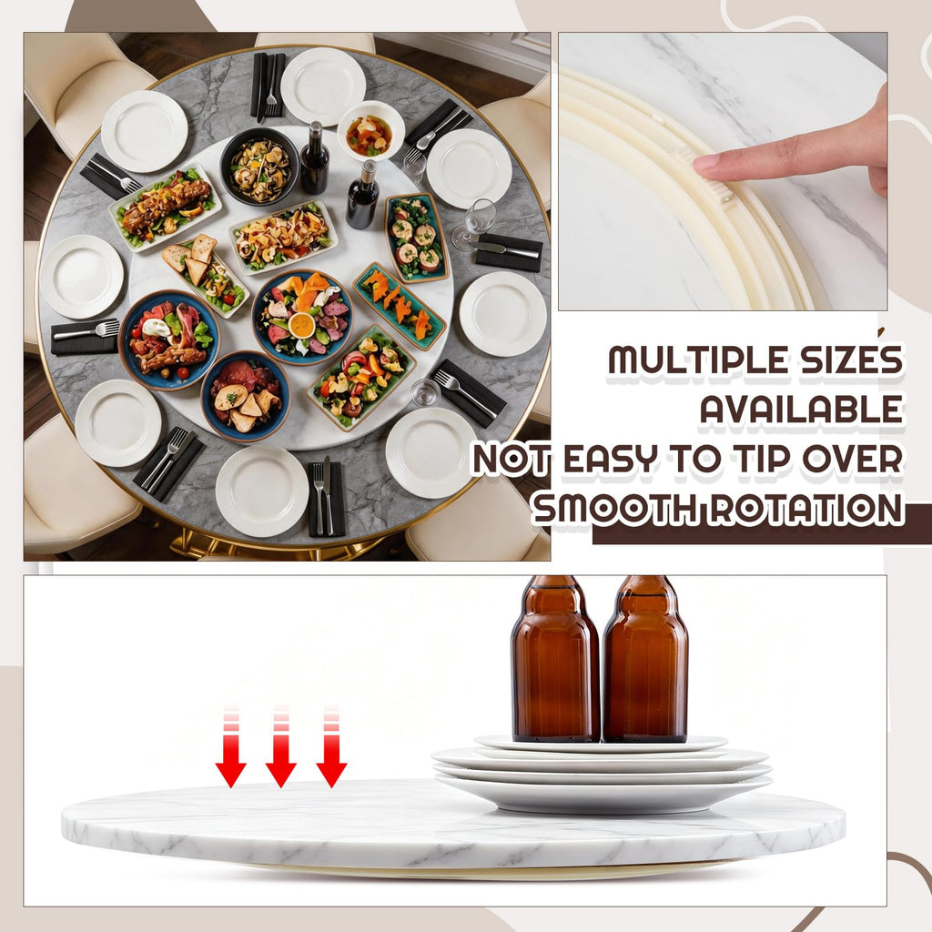 24" Lazy Susan Turntable, Marble White Rotating Wood Tray