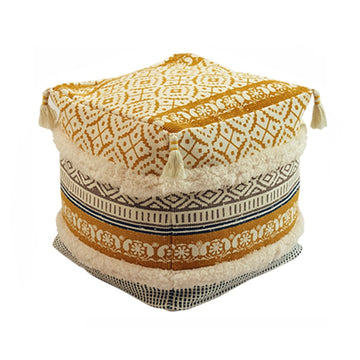 Prague Printed Tufted Tassel Square Pouf Cover, Cotton, Yellow