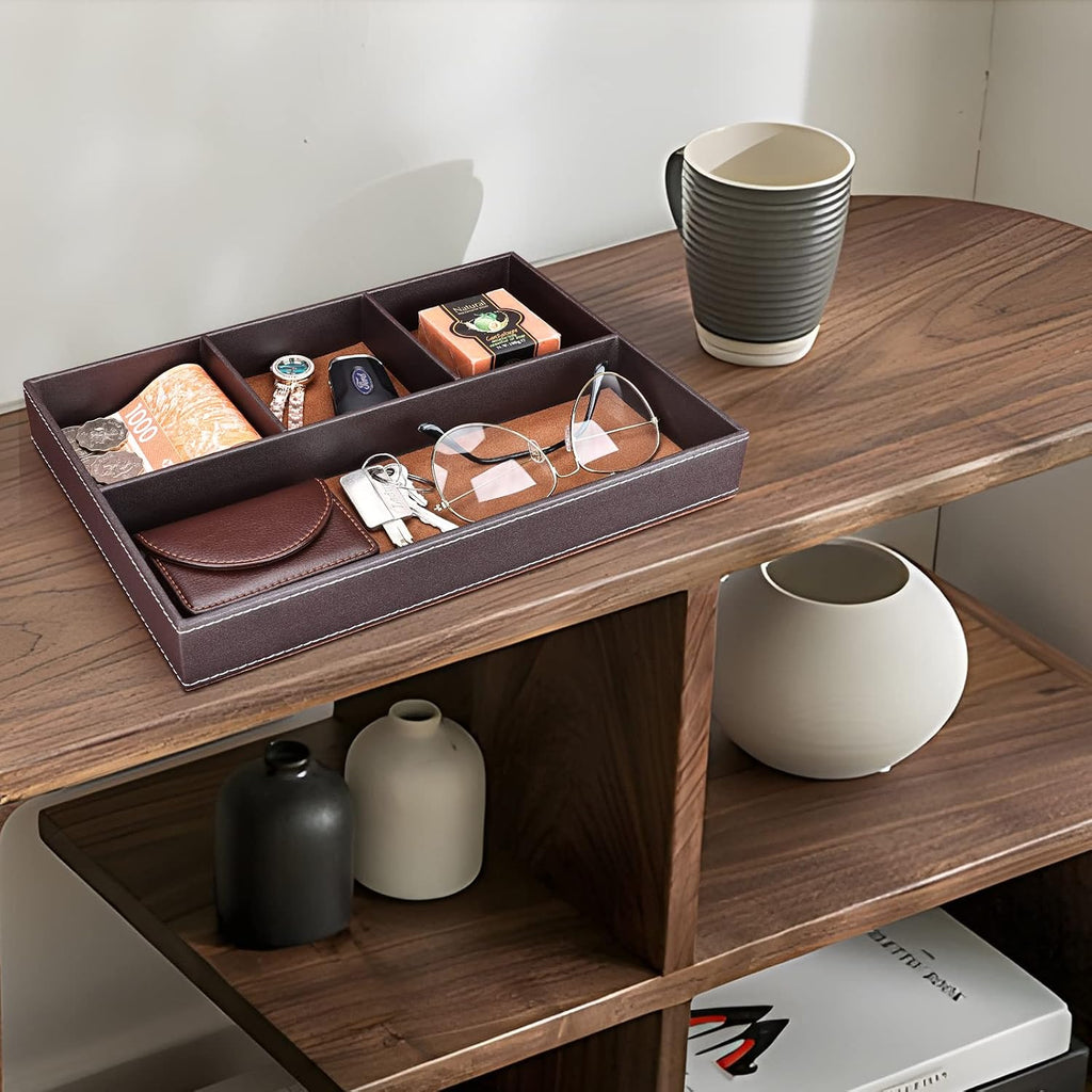 Faux Leather Valet Tray for Men, Stackable Jewelry Organizer for Drawers Inserts, Nightstand Caddy Tray for Key