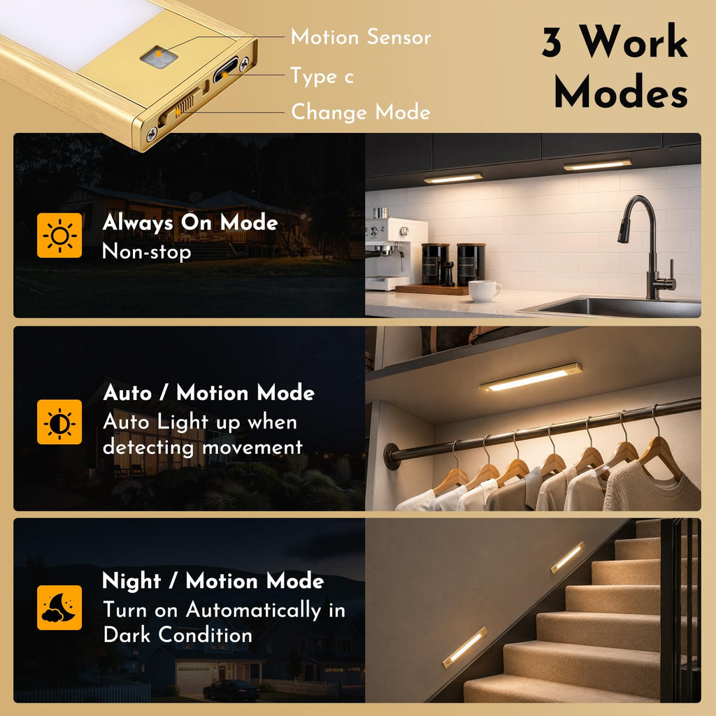 Motion Sensor Cabinet Light, Rechargeable, Dimmable, 4Pcs, 9in