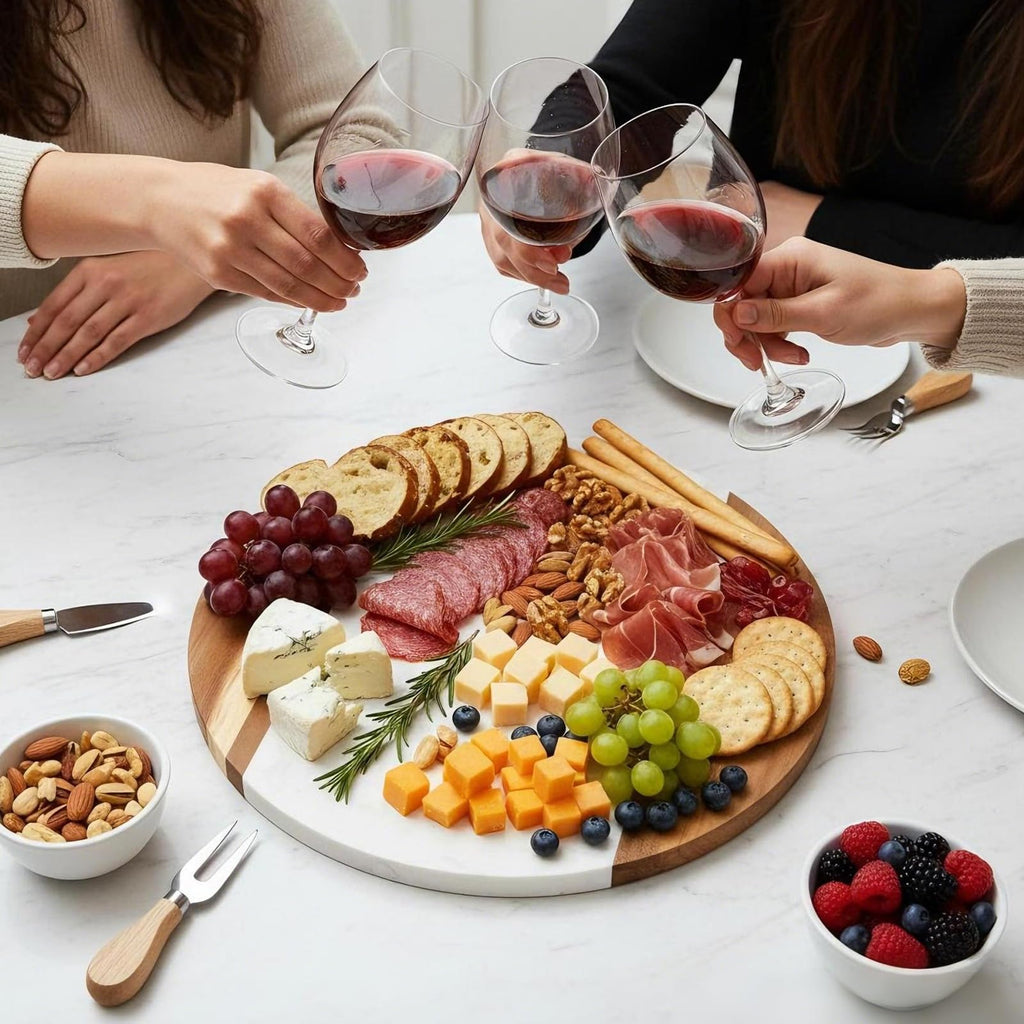 12" Marble Cheese Board and Acacia Wood Serving Board, Handcrafted Round Marble Tray Cutting Board for Cheese