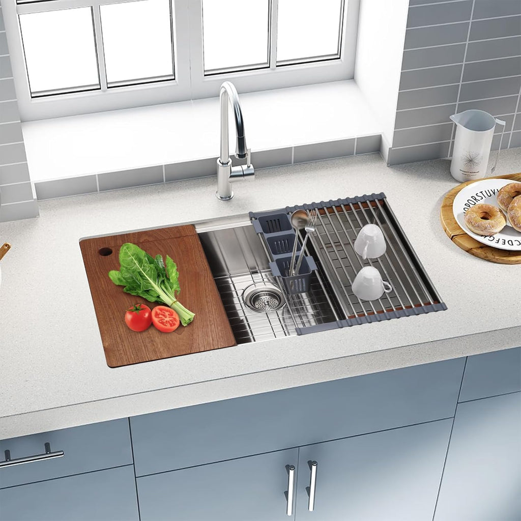 32" x 19" Multifunctional Undermount Workstation Kitchen Sink S304 Stainless Steel Handmade Modern Single Bowl