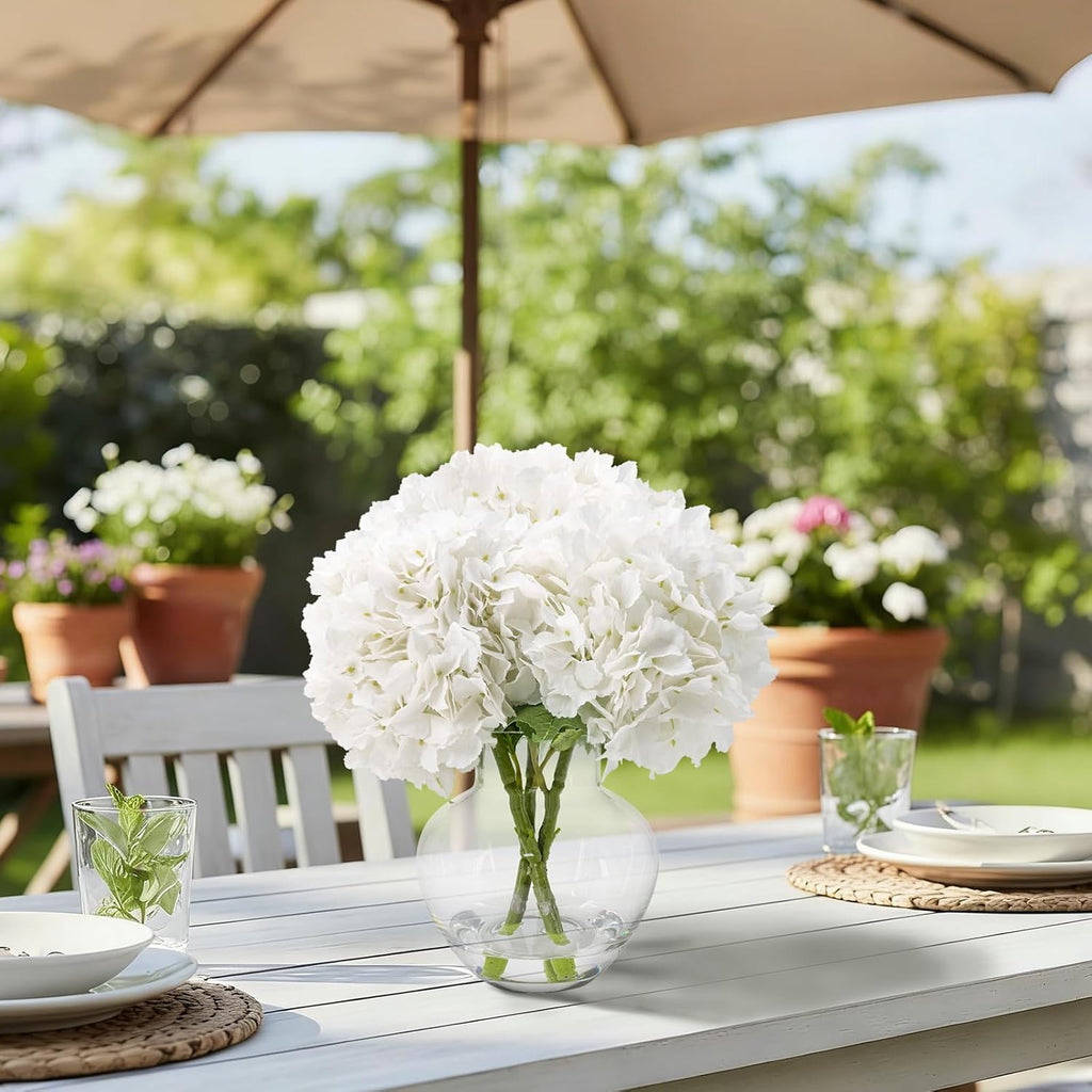 Hydrangea Artificial Flowers with Glass Vase, Real Touch FauxHydrangea Arrangement with Faux Water, Ready-to-Display