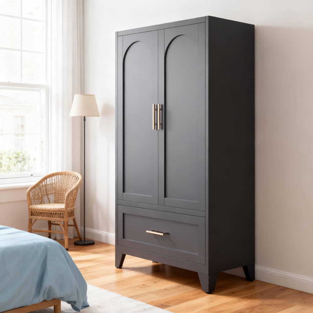 60" Tall Steel Wardrobe Closet with Hanging Rod, 2 Doors, Black