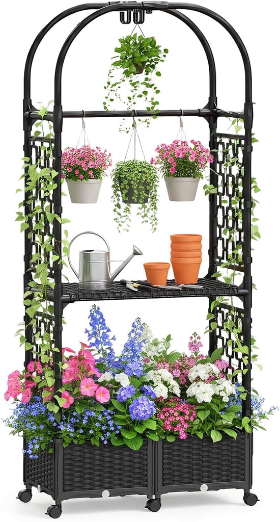 71"x16"x32" Planter Box with Trellis, 3-in-1 Self-Watering Planter Box with Wheels ,Raised Garden Bed with Trellis