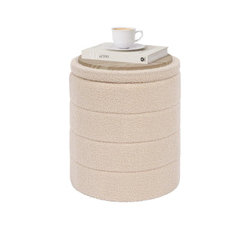 Compact Round Folding Storage Ottoman, Beige Boucle Footstool