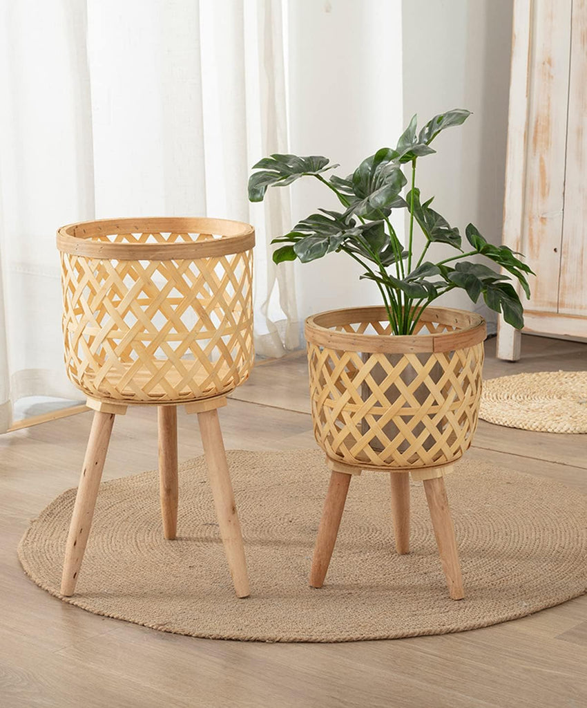 Set of 2 Handmade Mid Century Modern Planter, Rustic Indoor Rattan Basket Flower Pot Plant Stand, Large Floor Planter